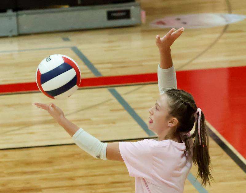Panther Ella Brooks serving up another point against the Red Devils Tuesday, Oct. 7, 2025, in Prophetstown. The Panthers won in 2 sets.