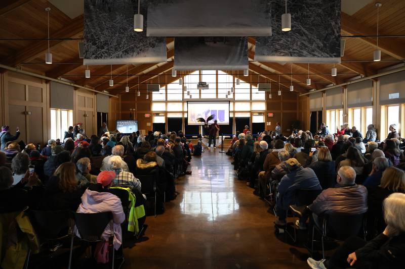 Bird enthusiast pack a room to see Frosty, a 8-year-old Bald Eagle, at Four Rivers Environmental Education Center’s annual Eagle Watch on Saturday, Jan 10, 2026 in Channahon.