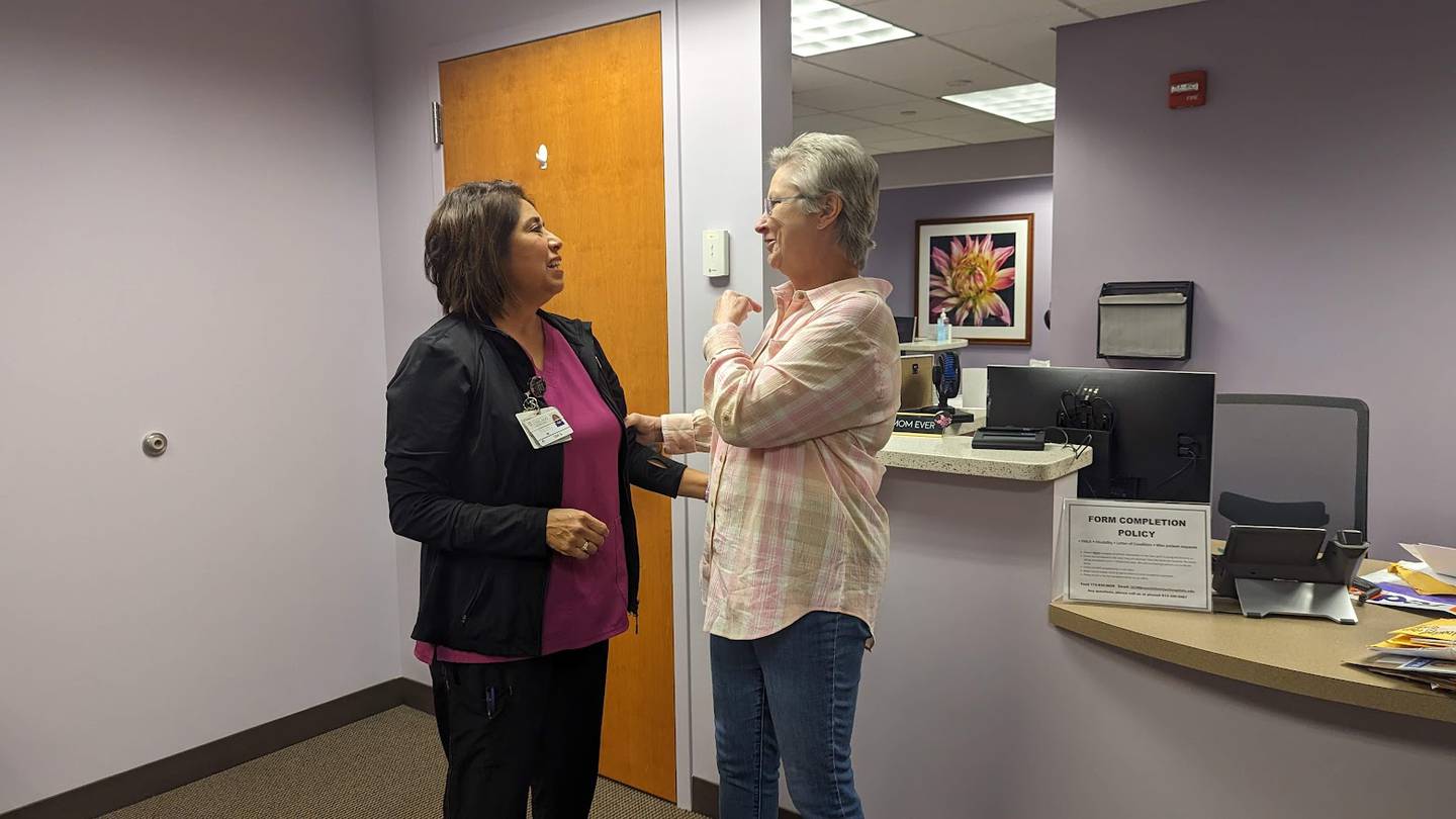 Annamae Ginter, 70, of Oak Forest (right) popped into Silver Cross Hospital in New Lenox on Friday, October 6, 2023, to thank her providers for such terrific care. Ginter is seen with Lisa Gravitt, staff nurse to breast surgeon Dr. Jennifer Young Gambla, who treated Ginter.