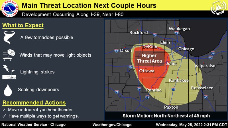 The National Weather Service has issued a tornado warning for northeastern Kane County until 4 p.m.