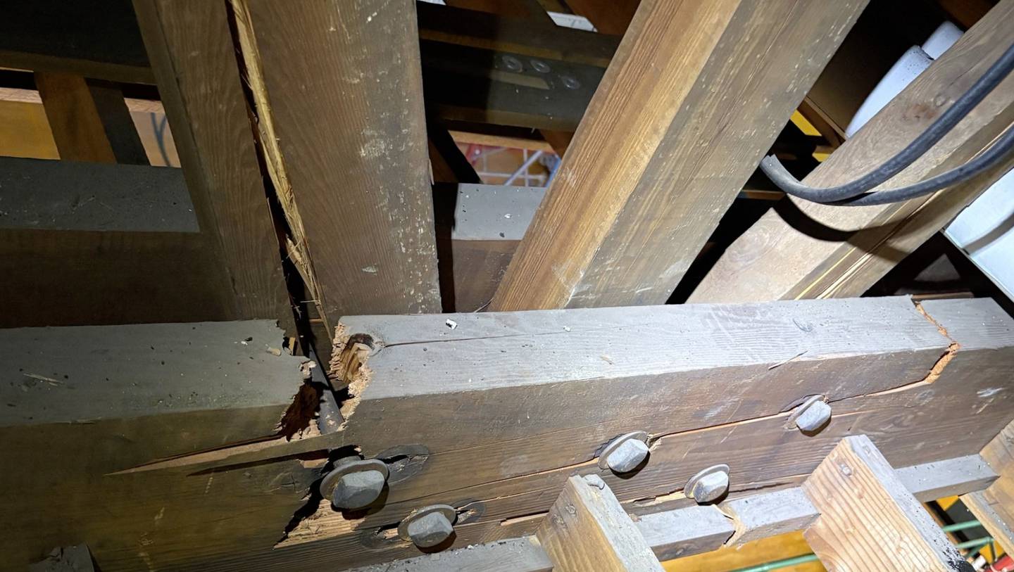 The cracked joists on the ceiling at Coal City Intermdiate School.