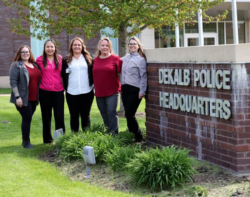 (From left) Cassie Hill, police social worker BA, Aracely Carrillo, police social worker BA, Bridgette Maurino, crisis manager licensed clinical social worker, Megan Nolan, police social worker licensed social worker and Ashley Maki, team lead licensed clinical social worker, Wednesday, May 8, 2025, at the DeKalb Police Department.