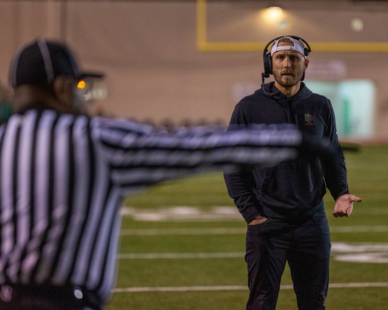 L-P Head Coach JJ Raffelson, questions officials call on Friday, October 24, 2025 at Howard Fellows Stadium in LaSalle.