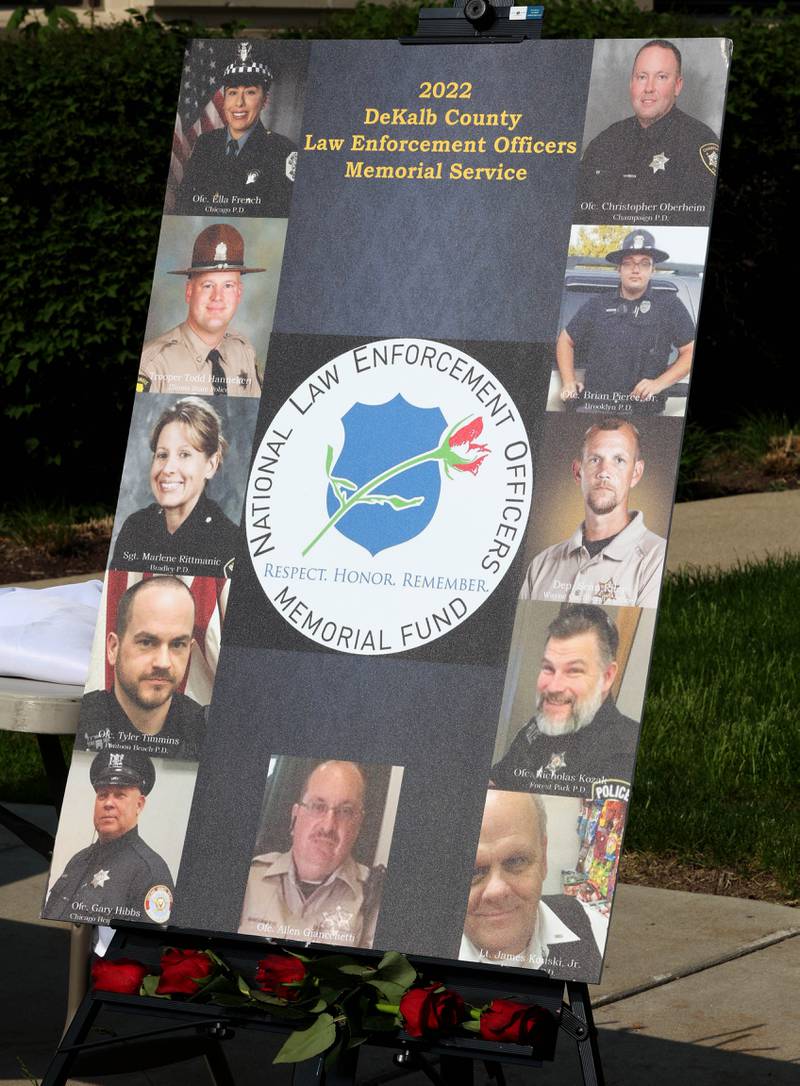A poster honoring some of the fallen officers from the past year Friday, May 13, 2022, at the DeKalb County Law Enforcement Officers' Memorial Service on the lawn of the DeKalb County Courthouse in Sycamore.
