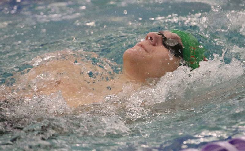 L-P Co-op swimmer Vince Wargo competes in the 200 meter individual medley event during a triangular meet against Morrison and Olympia on Wednesday, Jan. 22, 2025 at the Illinois Valley YMCA in Peru.