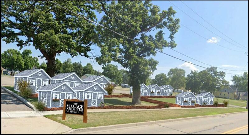 A drawing shows a proposed seasonal shopping center in Huntley for small business. Under the village's proposed plan, small businesses would be able to rent one of the small cabins for retail space for eight months of the year.