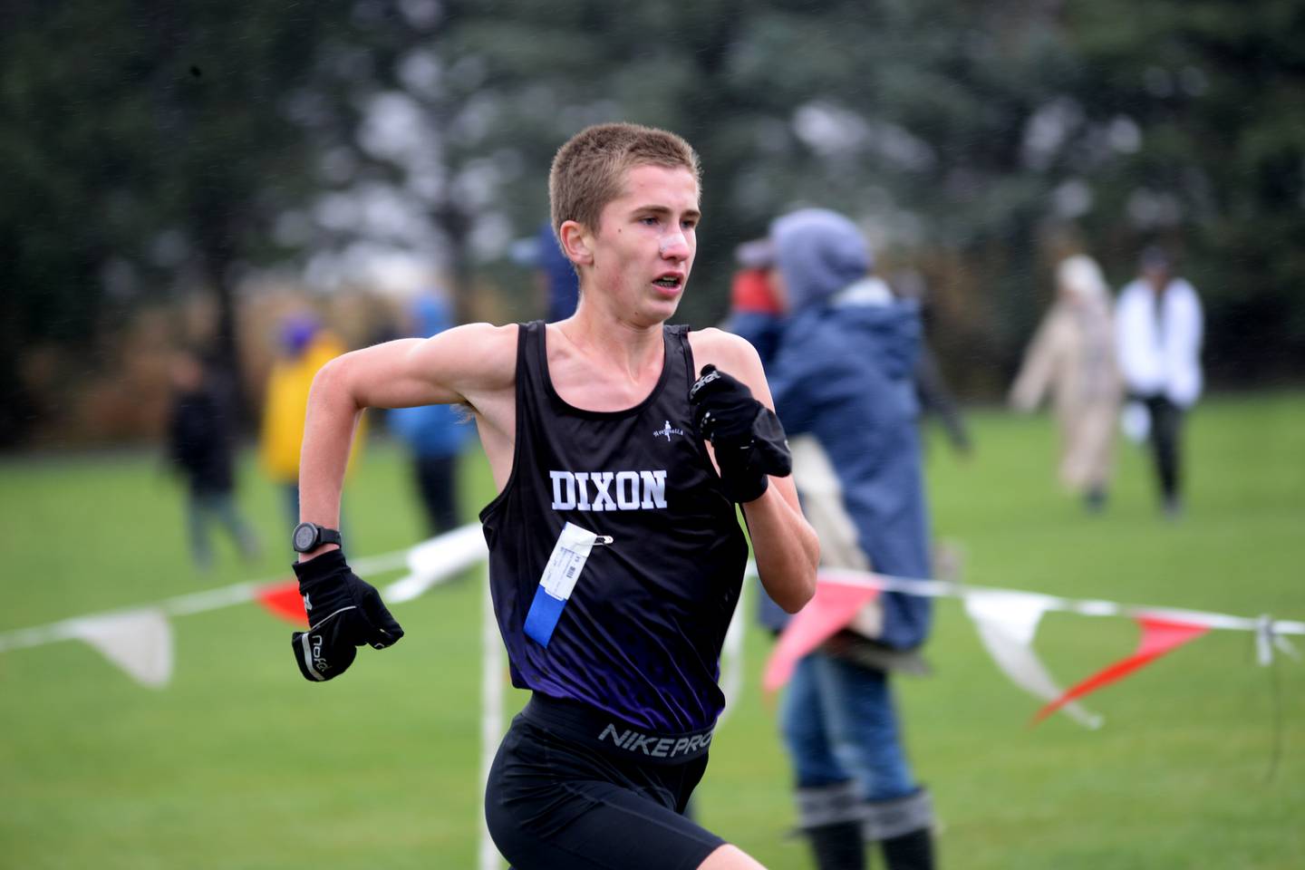 Dixon's Aaron Conderman sprints to the finish line at the Big Northern Conference meet at Oregon Park West on Saturday, Oct. 14, 2023. He finished third.