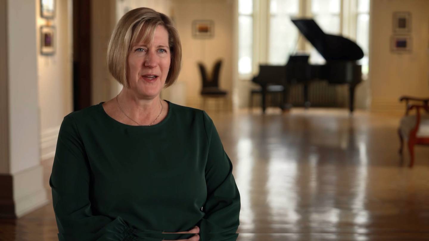 McHenry County College instructor Sarah Sullivan is seen in a still from her appearance on WTTW's "Chicago Stories," where she shares her knowledge about Marshall Field's and the department store's importance to Chicago. The program airs Oct. 24, 2025.