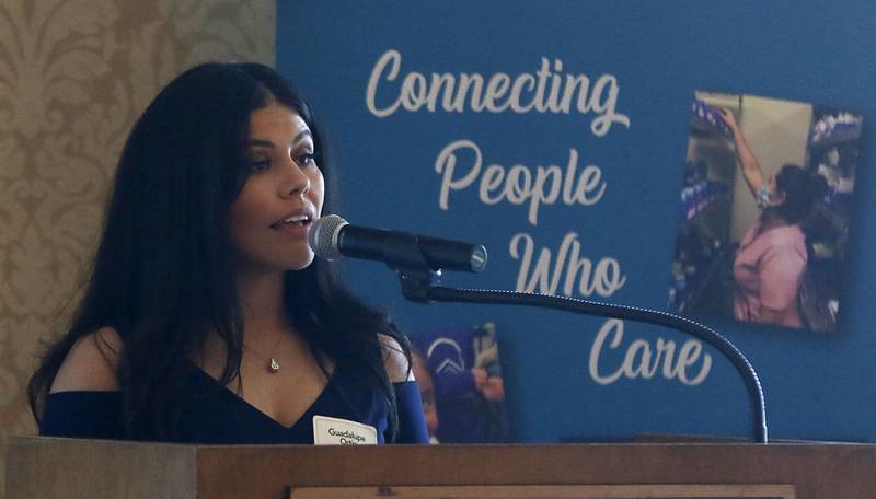 Guadalupe Ortiz speaks during the Northwest Herald's Women of Distinction award luncheon Wednesday June 29, 2022, at Boulder Ridge Country Club, 350 Boulder Drive, in Lake in the Hills. The luncheon recognize 10 women in the community as Women of Distinction plus Lisa Hoeppel as the first recipient of the Kelly Buchanan Woman of Inspiration award. Ortiz was among this year's Women of Distinction.