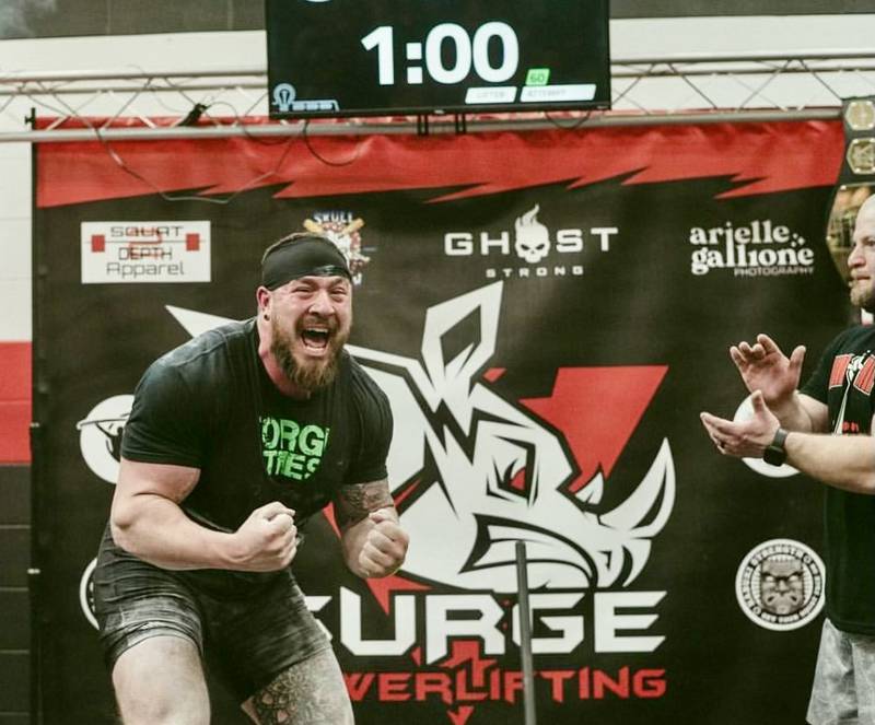 Justin Suplee, formerly of LaMoille, reacts after breaking the 275-pound weight class deadlift national record.