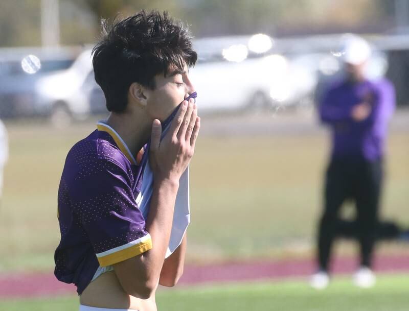 Mendota's Johan Cortez reacts after missing a tiebreaker kick at the end of regulation against Quincy Notre Dame during the Class 1A Sectional semifinal game on Saturday, Oct. 21, 2023 at Illinois Valley Central High School in Chillicothe.