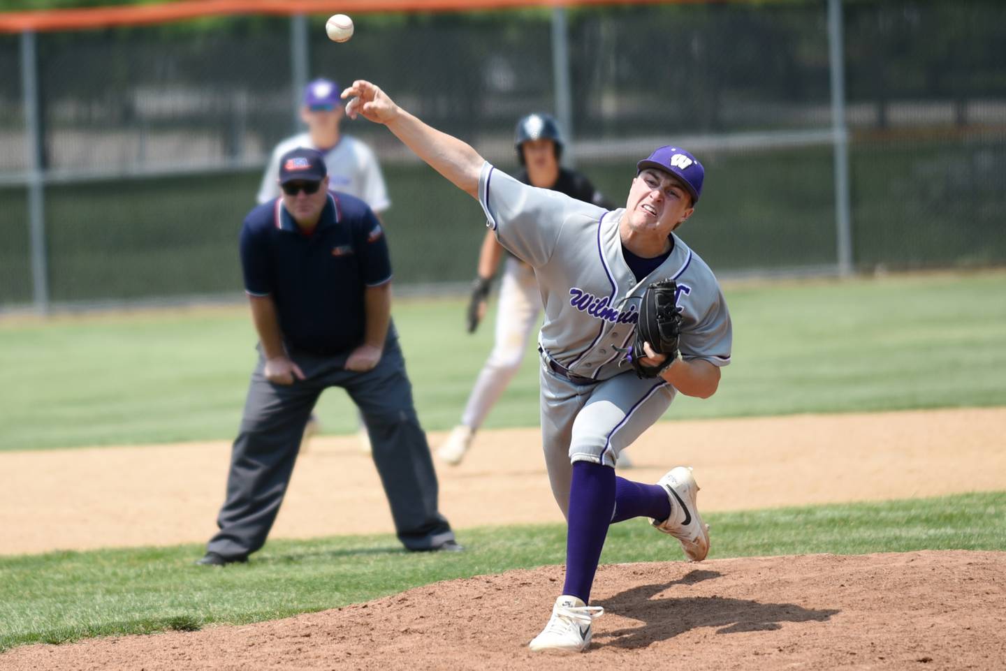 Wilmington's Lucas Rink throws a pitch during the Class 2A Beecher Sectional championship game against Bishop McNamara Saturday, May 31, 2025.