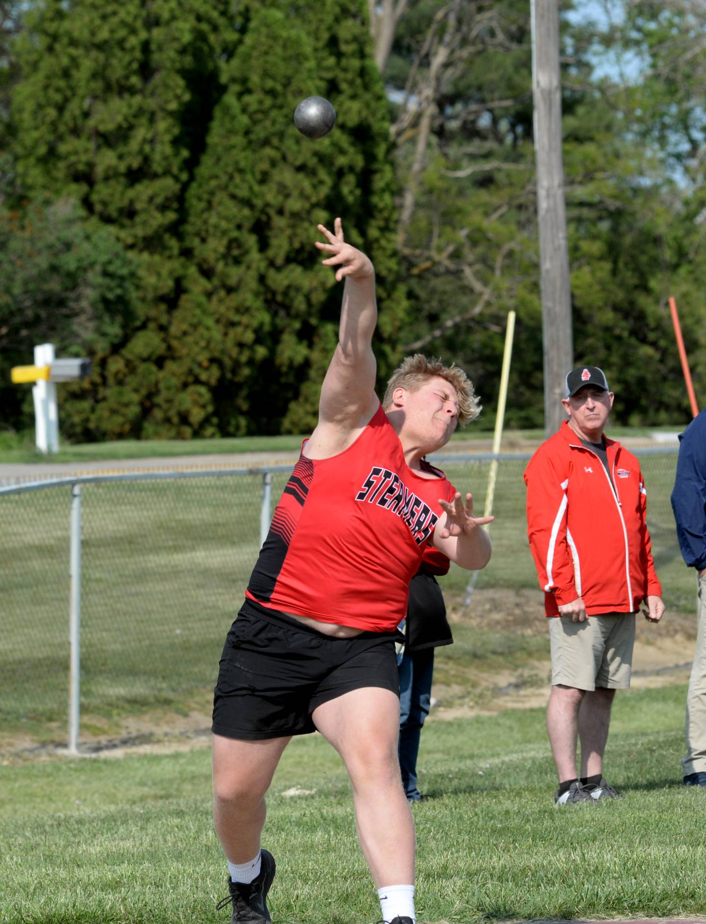 Fulton's Braiden Damhoff throws the shot at the 1A Rockridge Sectional on Friday, May 19.