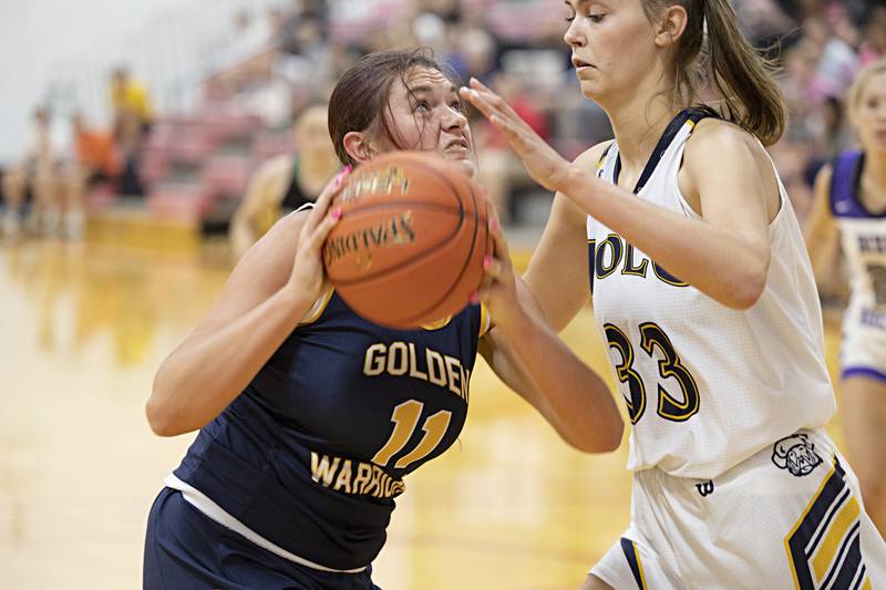 Sterling’s Kathryn Rowzee works against Polo’s Lindee Poper Thursday, June 15, 2023 during the Sauk Valley Media All-Star Basketball Classic at Sauk Valley College.