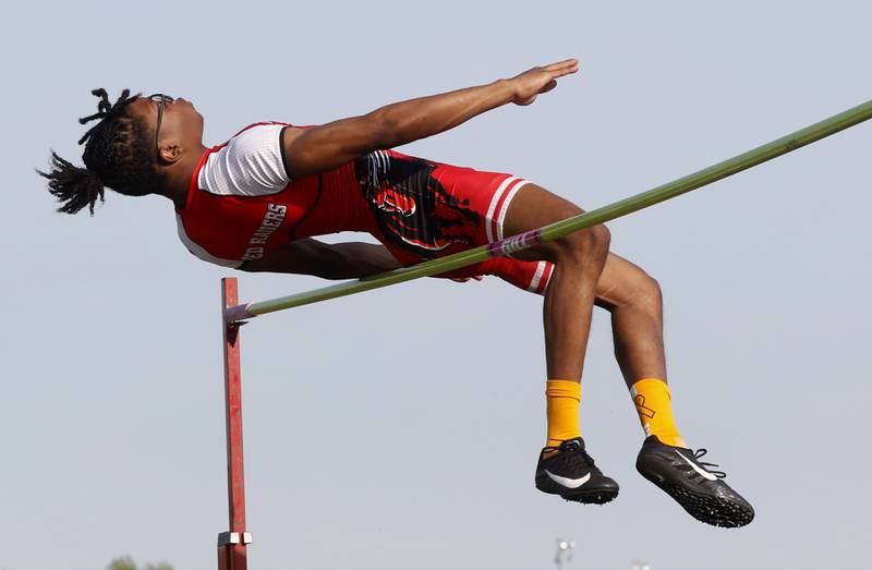 Huntley’s McKale Hood competes in the high jump during Fox Valley Conference boys track and field meet Friday, May 13, 2022, at Crystal Lake Central High School.