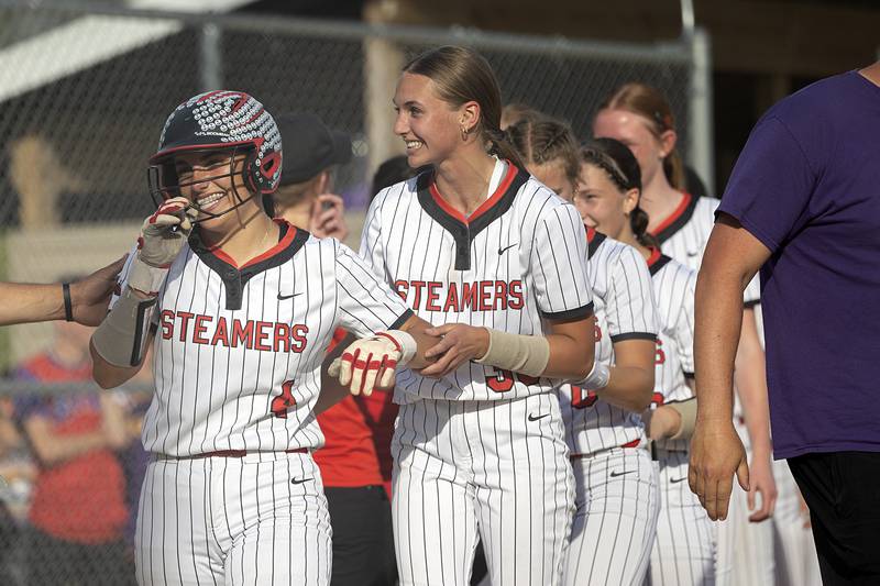 Fulton’s Zoe Kunau (left) celebrates her two-run walk off homer to defeat Orangeville Tuesday, May 26, 2026, at the Eastland Class 1A softball sectional quarterfinal.