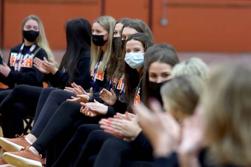 Crystal Lake Central held a celebration Sunday in their gymnasium after the Tigers on Saturday won the IHSA state title in Competitive Cheerleading-Medium Team at Grossinger Motors Arena in Bloomington.