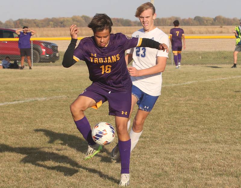 Mendota's Mauricio Salinas beats out Princeton's Jakoby Smallwood to the ball during the Class 1A Regional final game on Tuesday, Oct. 22, 2024 at Serena High School.