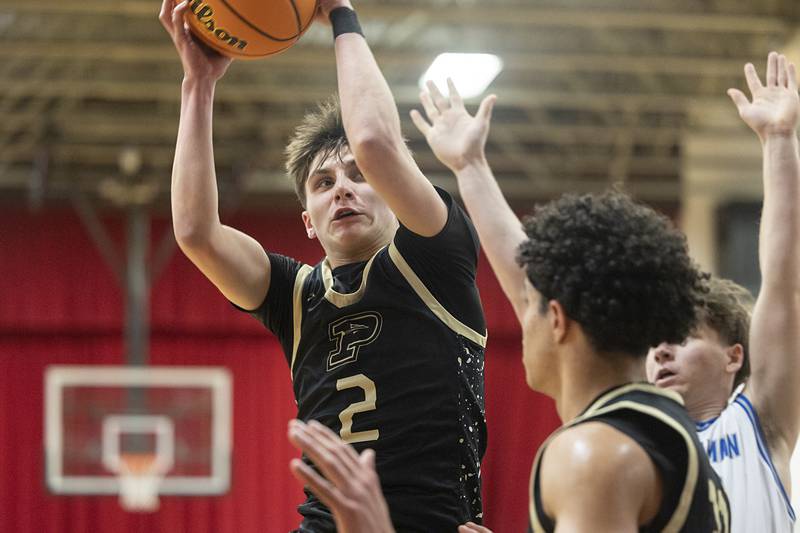 Pecatonica’s Karter Degner pulls down a rebound against Newman Tuesday, March 3, 2026, in the 1A sectional semifinal.