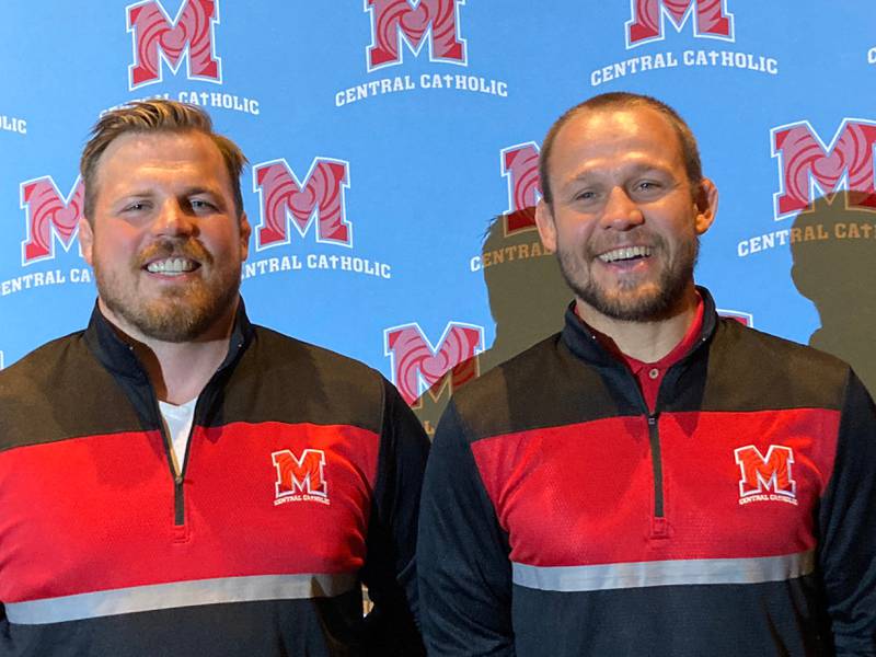 Marian Central wrestling co-coaches Jordan Blanton and Ryan Prater