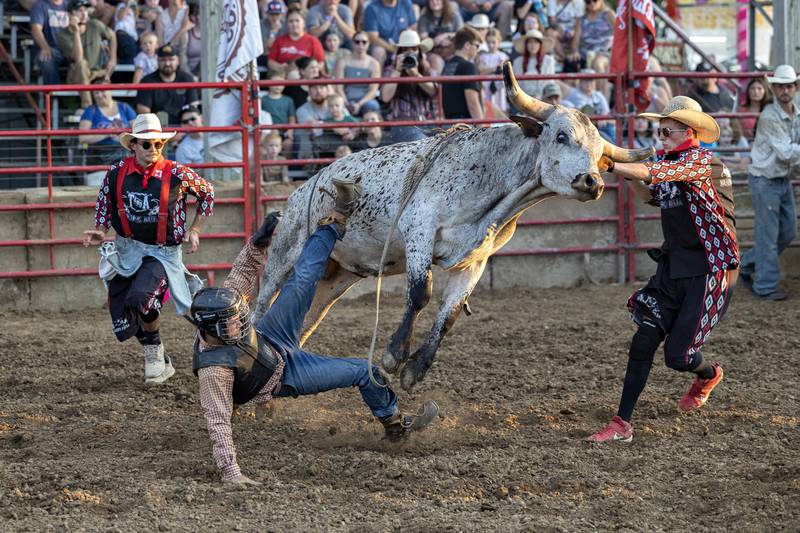 Hayden Miller is tossed in the bull riding event Thursday, August 7, 2025, at Carroll County Fair’s T and A Bucking Bulls Rodeo.