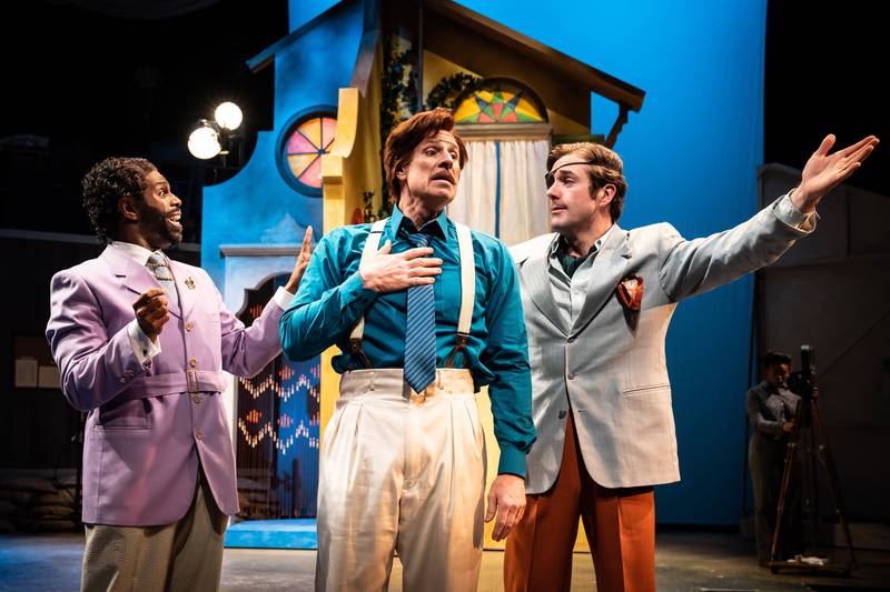 Angelo (Breon Arzell), Antipholus of Ephesus (Dan Chameroy), and Balthazar (Russell Mernagh) in Chicago Shakespeare Theater’s production of Shakespeare’s The Comedy of Errors, directed by Barbara Gaines, in the Courtyard Theater, March 9–April 16, 2023. Photo by Liz Lauren.