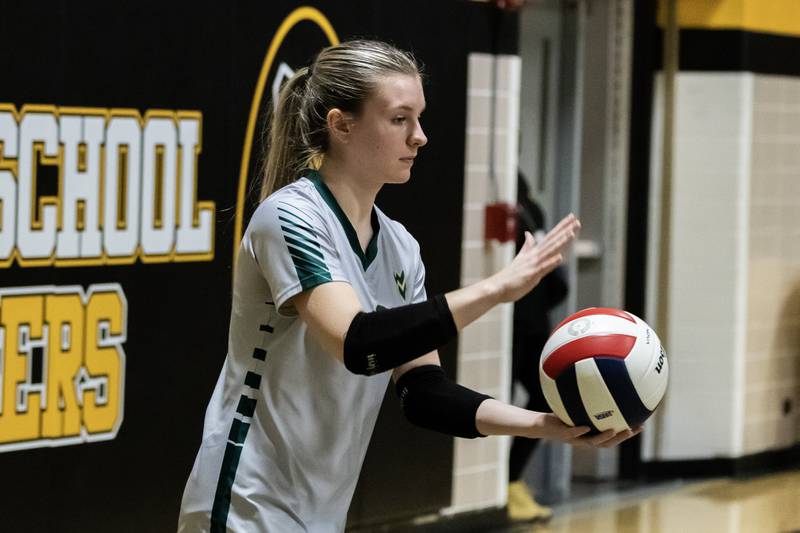 Waubonsie Valley's Hannah Krause serves during a 4A girls varsity volleyball sectional against Lockport at Joliet West on Nov. 4, 2025.