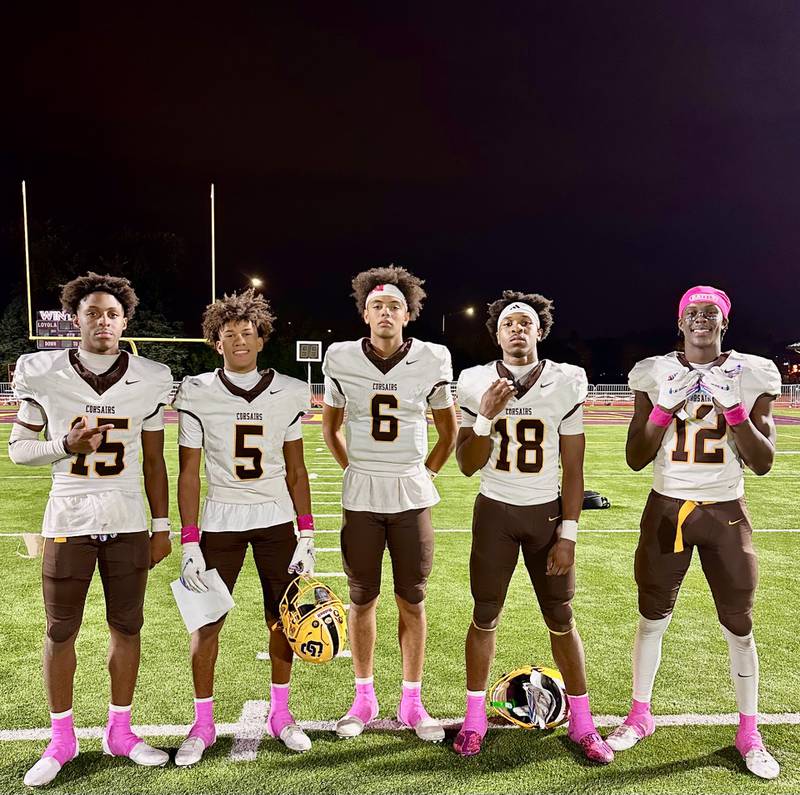 Carmel defeated Loyola 42-14 in CCL/ESCC action Friday night. From left to right: Greg Bess-Henning, Eli Jackson, Trae Taylor, Kyron Hart and Kai Owens.