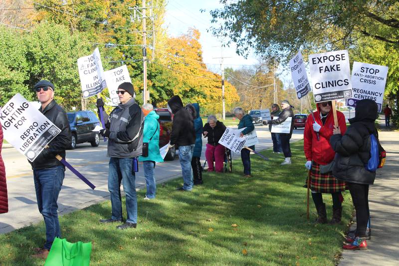 Abortion rights protesters outside crisis pregnancy center Focus Women's Center in McHenry on Oct. 28, 2023.