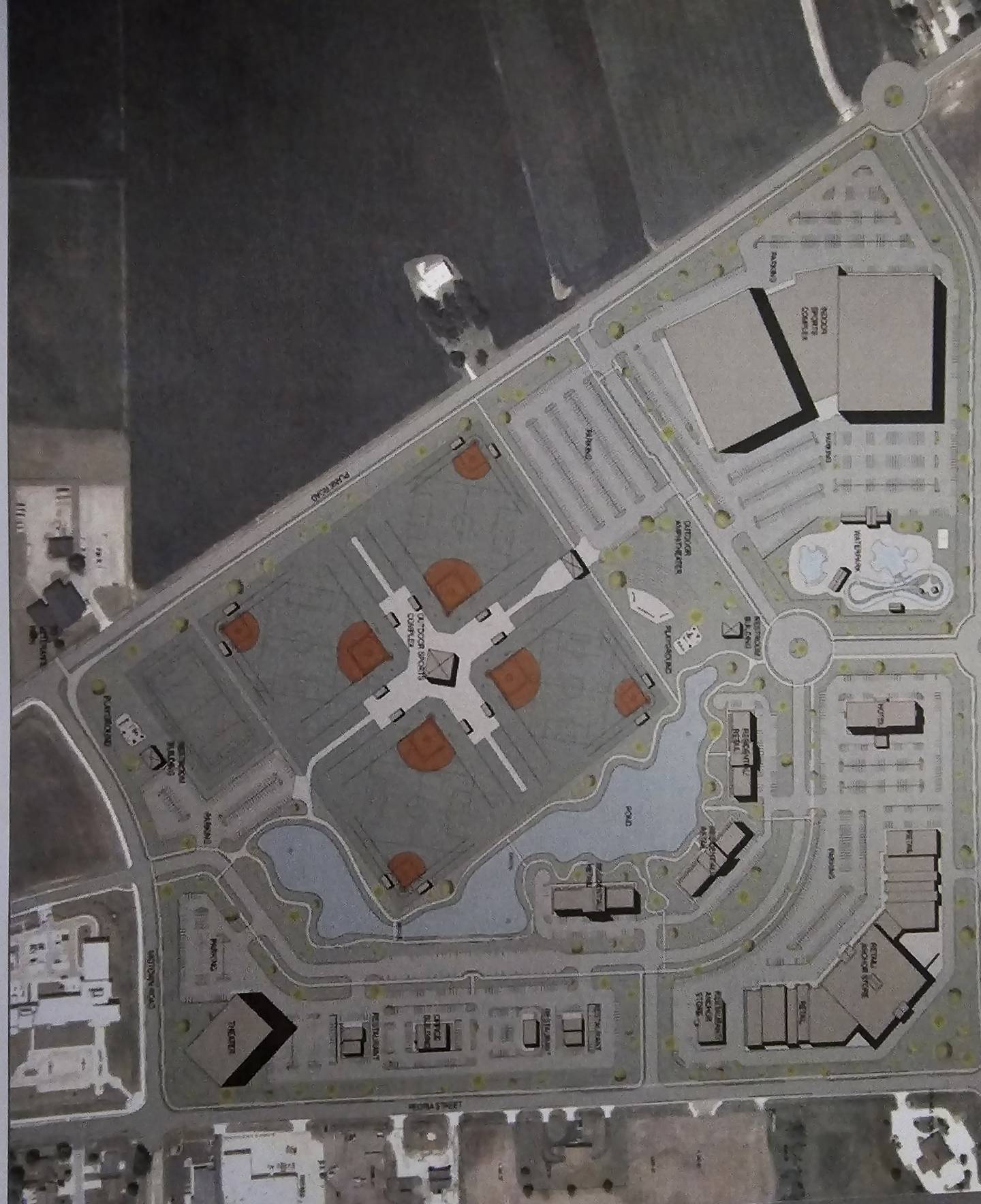 A drawing was shared Monday, Sept. 23, 2024, to give residents an idea of how a multi-faceted sports complex and city center may be laid out in Peru. These are not final plans.