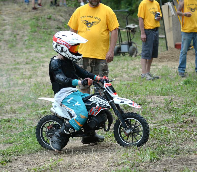 Blaze Kingery, 9, of Forreston, starts one of his runs in the kids' division at the Rock River Riders Motorcycle Club's Father's Day Hillclimb on Sunday, June 15, 2025.