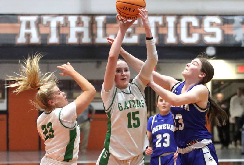 Crystal Lake South’s Tessa Melhuish grabs a rebound against Geneva in girls IHSA Class 3A Sectional Championship basketball on Thursday, Feb. 26, 2026, at Crystal Lake Central High School in Crystal Lake.