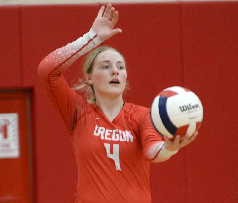 Oregon's Shaylee Davis serves at the Oregon Varsity Girls Volleyball Tournament on Friday, Sept. 5, 2025 at the Blackhawk Center in Oregon.