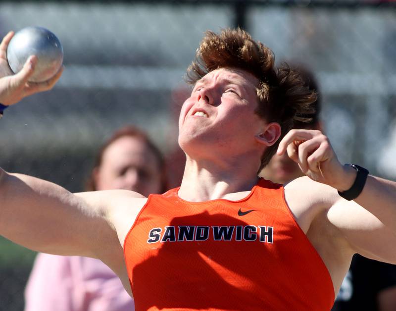 Sandwich’s Peter Popp competes in the shot put in KRC Conference Track Meet action at Richmond-Burton High School in Richmond on Tuesday, May 13, 2025.