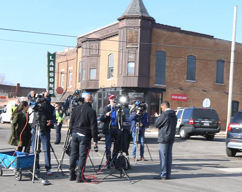 Chicago media take their positions for a press conference at the corner of 8th and Crosat Streets regarding the Carus Chemical fire on Wednesday, Jan. 11, 2023 in La Salle.