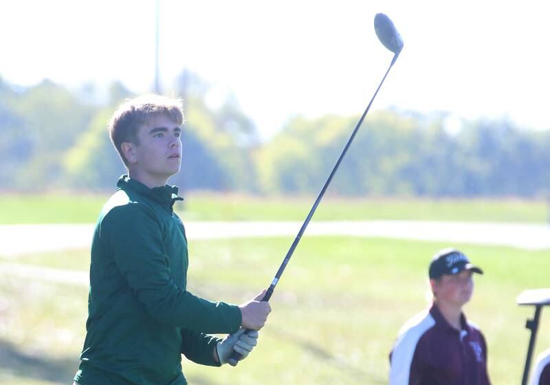 St. Bede's Noah Buck tees off on the first hole during the Class 1A golf meet on Wednesday, Oct. 2, 2024 at Spring Creek Golf Course in Spring Valley.