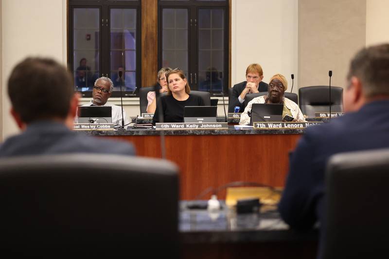 Kankakee City Council members listen to Fortitude Community Outreach supporters speak during public comment ahead of the city council's vote on a conditional use permit to allow Fortitude to operate a shelter at 970 E. Court St. in Kankakee during the meeting on Monday, Sept. 15, 2025. The conditional use permit request was rejected by a 12-0 vote.