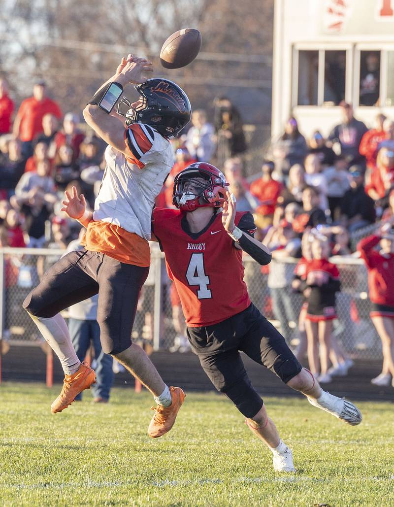 Milledgeville’s Konner Johnson can’t haul in a pass while being defended by Amboy’s Colt McCoy Saturday, Nov. 15, 2025, in the 8-man football semifinal. The long pass would have put the Missiles ahead late in the game.