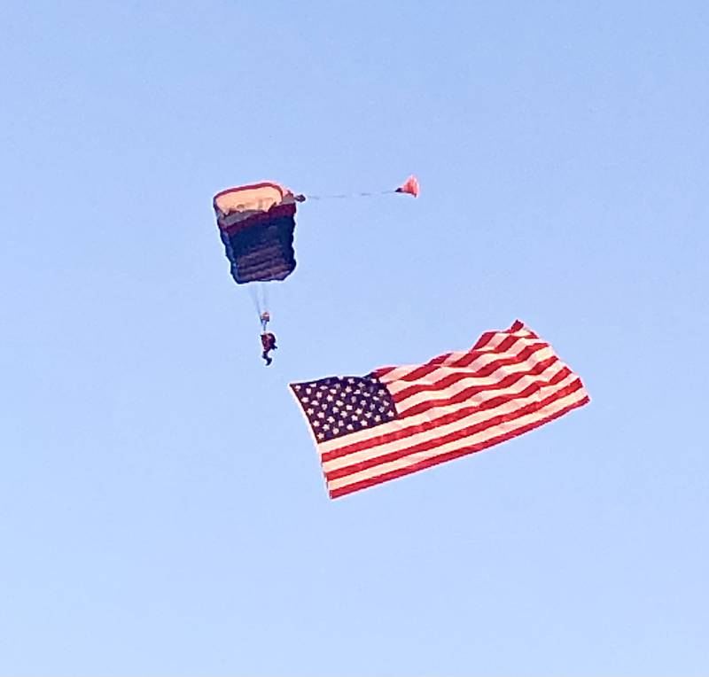 The Stars and Stripes were flown in by a team of sky divers prior to the start of Sunday's Walnut Fireworks. A large crowd came out in observance of the 4th of July and Walnut's 150th Celebration.