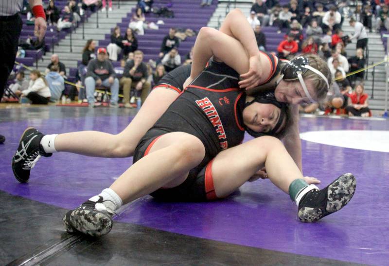 Huntley’s Grecia Garcia, front, battles Grant’s Abby Quirk at 135 pounds in varsity girls IHSA Regional Championship wrestling action on Saturday, February 7, 2026, at Hampshire High School in Hampshire.