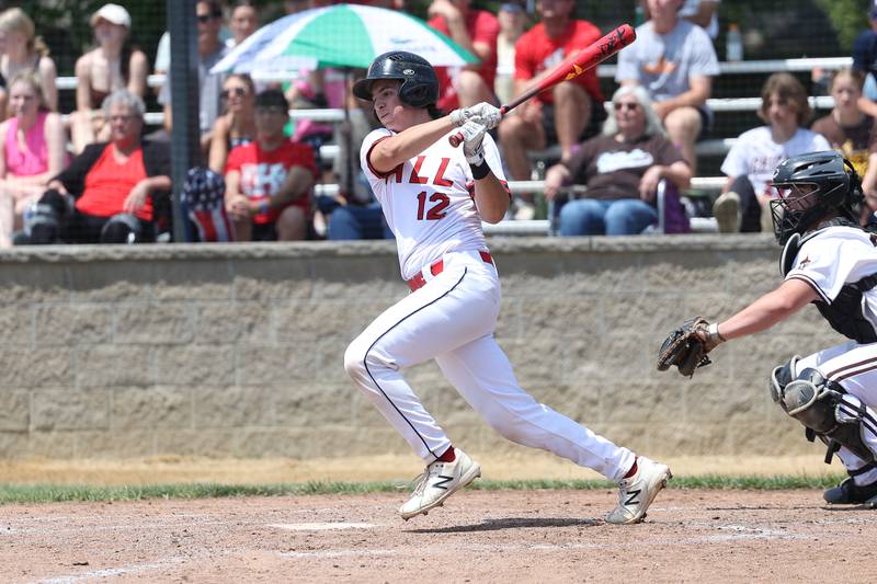 Spring Valley Hall’s Kyler Lapp drives in a run against Joliet Catholic in the Class 2A Geneseo Supersectional on Monday, May 29, 2023 in Geneseo.