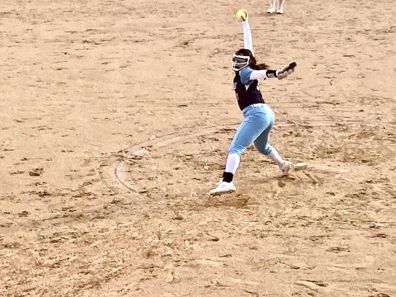 Bureau Valley pitcher Carly Reglin fires a pitch home against Midland Tuesday.