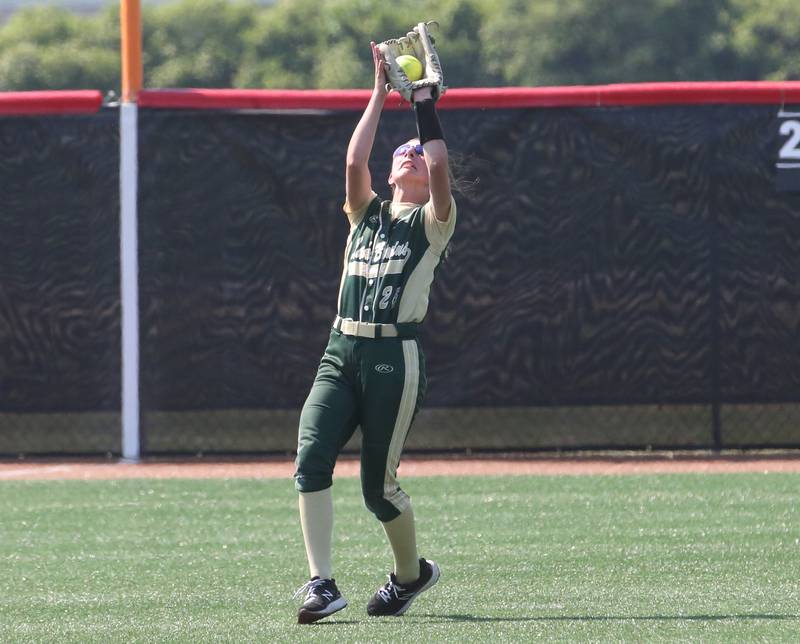 St. Bede's Emma Slingsby makes a catch in left field in the Class 1A State semifinal game on Friday, June 2, 2023 at the Louisville Slugger Sports Complex in Peoria.