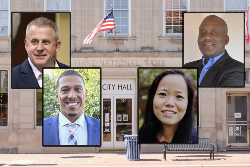 Candidates for DeKalb mayor in the April 1, 2025, Consolidated Election are incumbent Cohen Barnes (from left), 7th Ward Alderman John Walker (bottom left), Linh Nguyen (bottom right) and Kouame Sanan (top right).