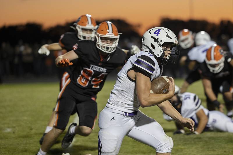 Dixon’s Landon Knigge looks for running room against Byron Friday, Sept. 5, 2025, at Byron High School.