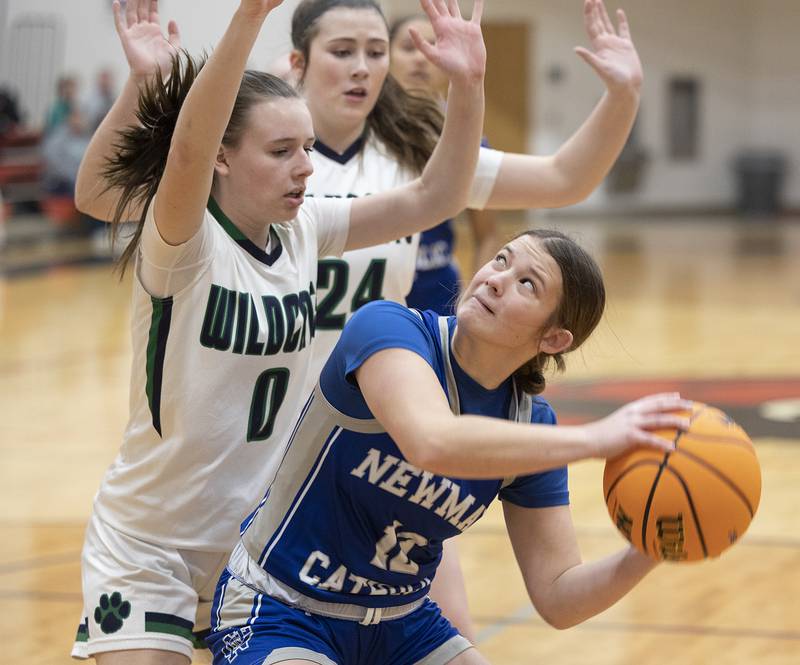 Newman’s Lucy Oetting looks to put up a shot while being guarded by River Ridge’s Kenley Patterson Thursday, Feb. 20, 2025, during the Class 1A girls basketball regional at Forreston.
