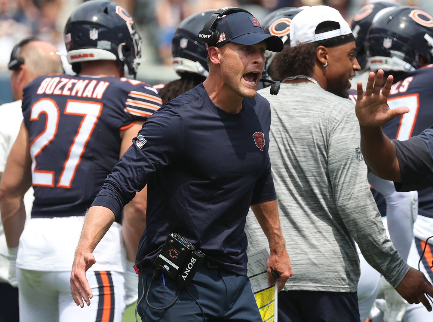 Chicago Bears Head Coach Ben Johnson is fired up after his defense makes a goal-line stand early in the game Sunday, Aug. 10, 2025, during their preseason game against the Miami Dolphins at Soldier Field in Chicago.
