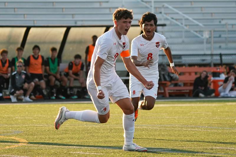 Oswego’s Dustin King (9) reacts after scoring a goal against Wheaton Warrenville South during a soccer match at Wheaton Warrenville South in Wheaton on Thursday, Aug 28, 2025.