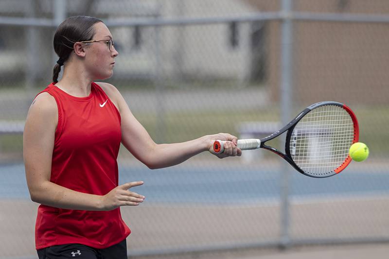 Rachel Lance returns a shot during a doubles match Thursday, July 27, 2023 at the Emma Hubbs Tennis Classi
