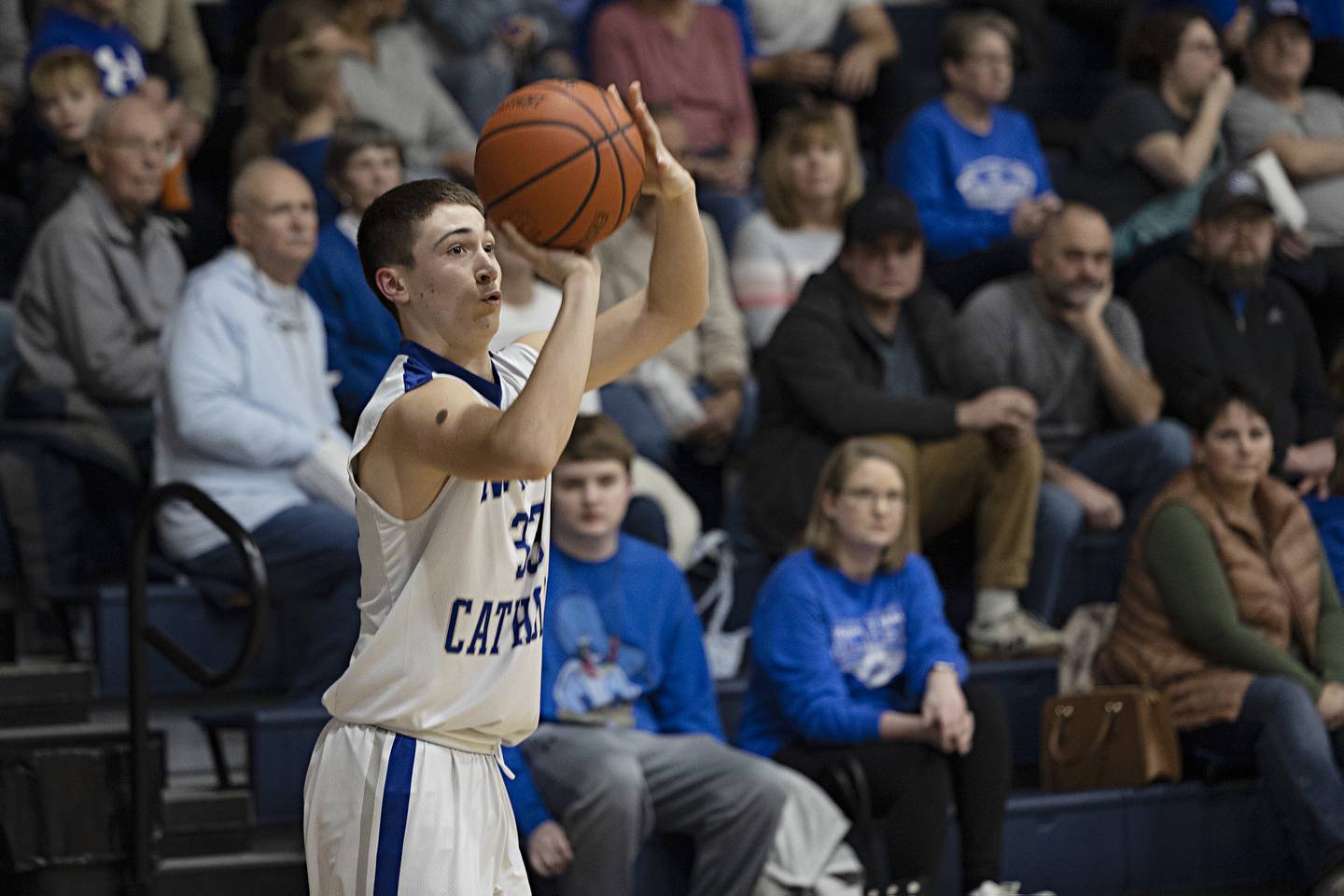 Newman’s Evan Bushman puts up a three-point shot against Morrison Wednesday, Jan. 3, 2024 at Newman High School.